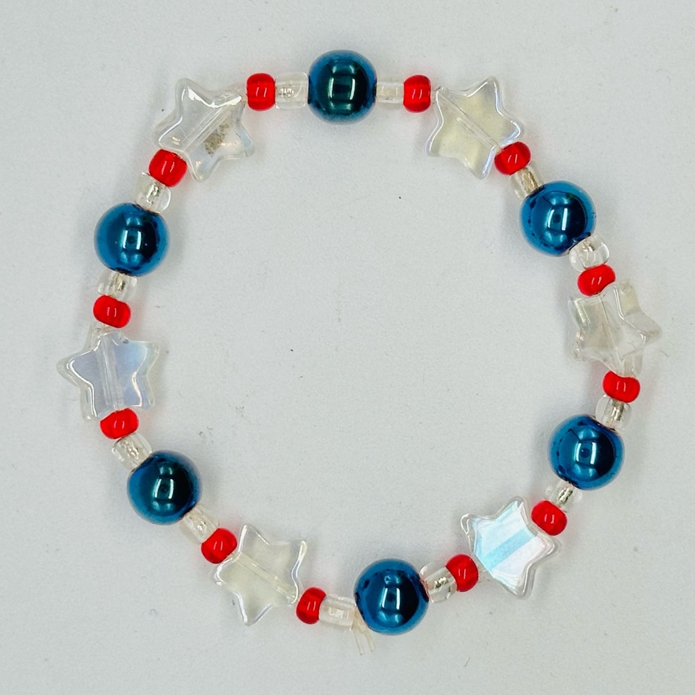 Red White Blue Glass Beaded Stretch Bracelet Stars July 4th Patriotic America